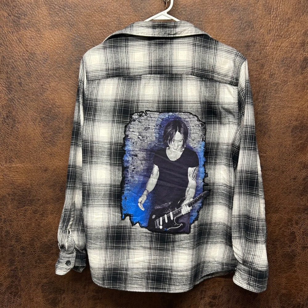 Handmade Upcycled Keith Urban Plaid Flannel Medium Shirt Unisex Country Western